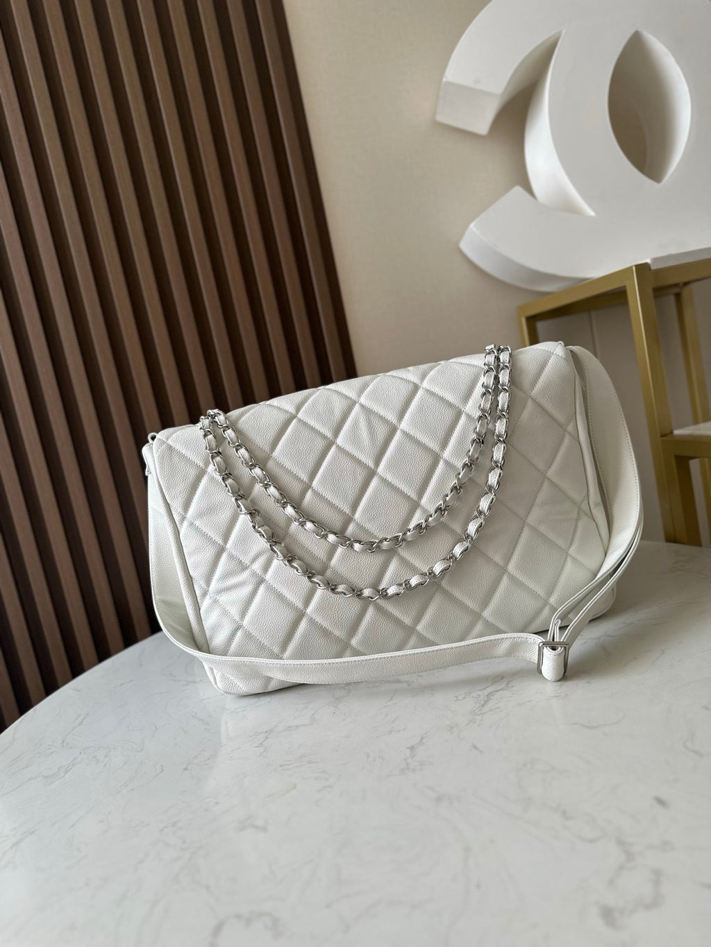 CC Messenger Weekender Flap Tote Bag White Caviar SHW