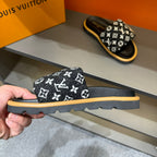 LV VELCRO SLIPPERS IN BLACK MIX WHITE MONOGRAM JACQUARD