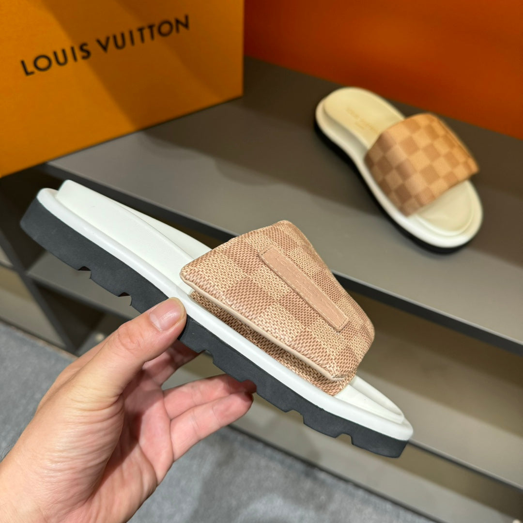 LV VELCRO SLIPPERS DESERT SAND DAMIER MONOGRAM CALFSKIN