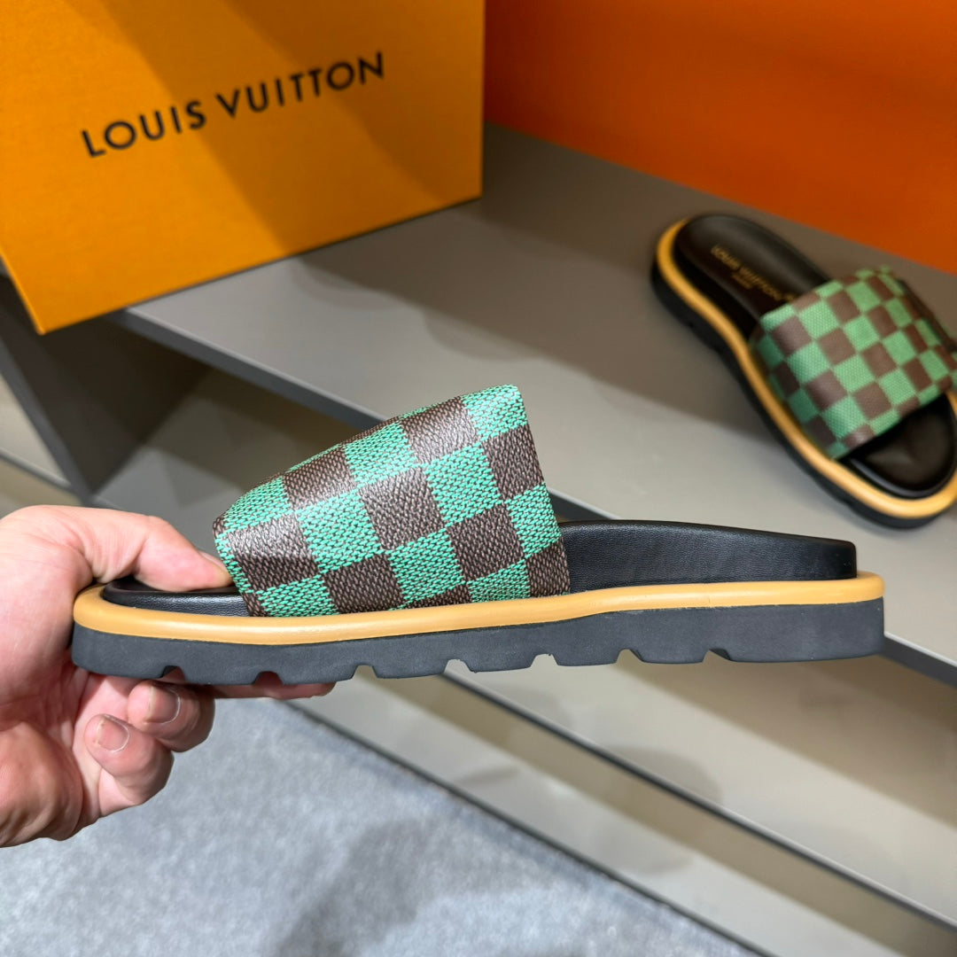 LV VELCRO SLIPPERS GREEN MIX BROWN DAMIER MONOGRAM CALFSKIN