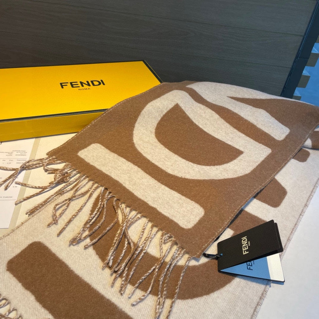 FF 185 CM SCARF IN CARAMEL BROWN MIX WHITE CASHMERE AND WOOL