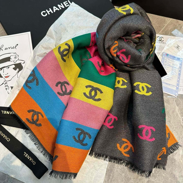 CC Scarf 180 CM In Black Mix Rainbow Cashmere And Wool Mix Mulberry Silk 401988