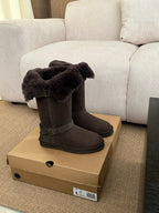 UGG Platform Foldable Tall Boots Dark Brown Suede Shearing