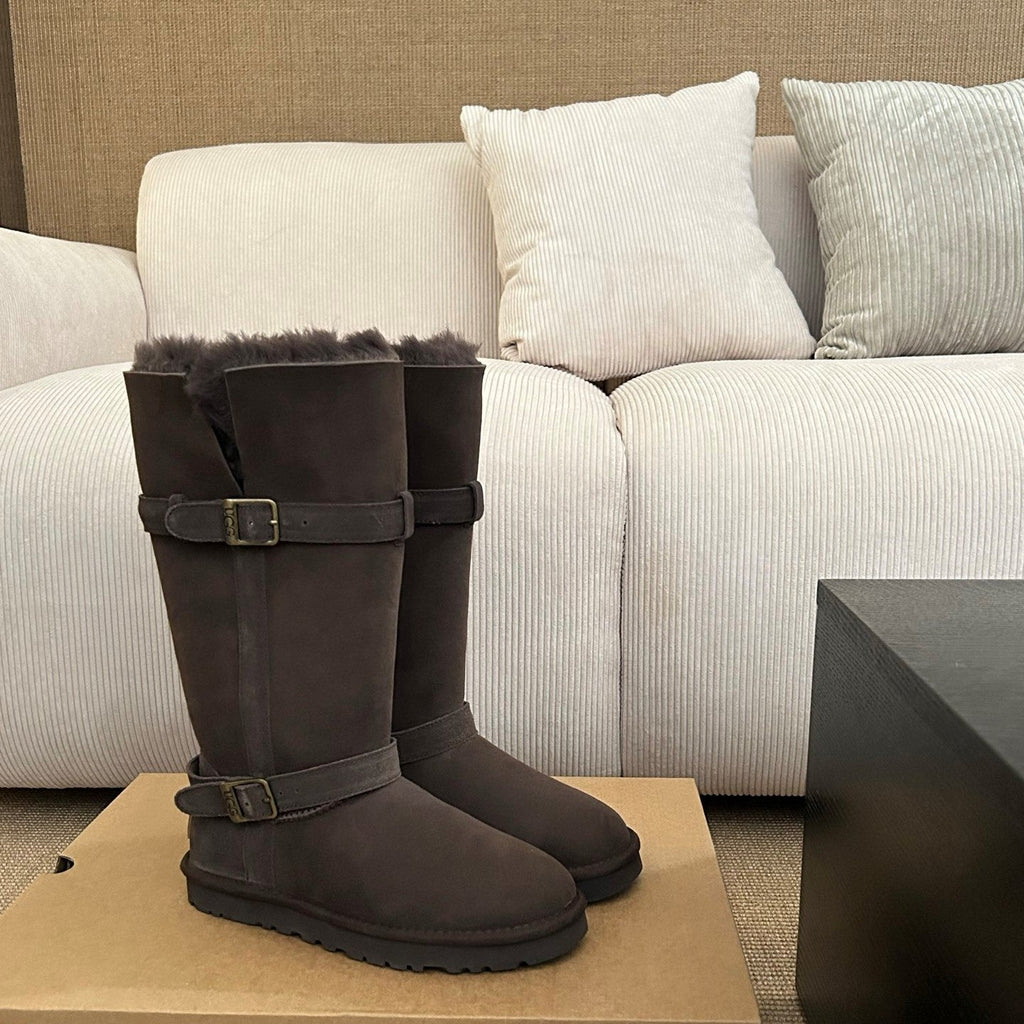 UGG Platform Foldable Tall Boots Dark Brown Suede Shearing