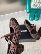 CC MARY JANES SHOES IN UMBER BROWN SATIN WITH RHINESTONES