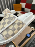 MIAMI MULE IN BEIGE CREAM DAMIER JACQUARD