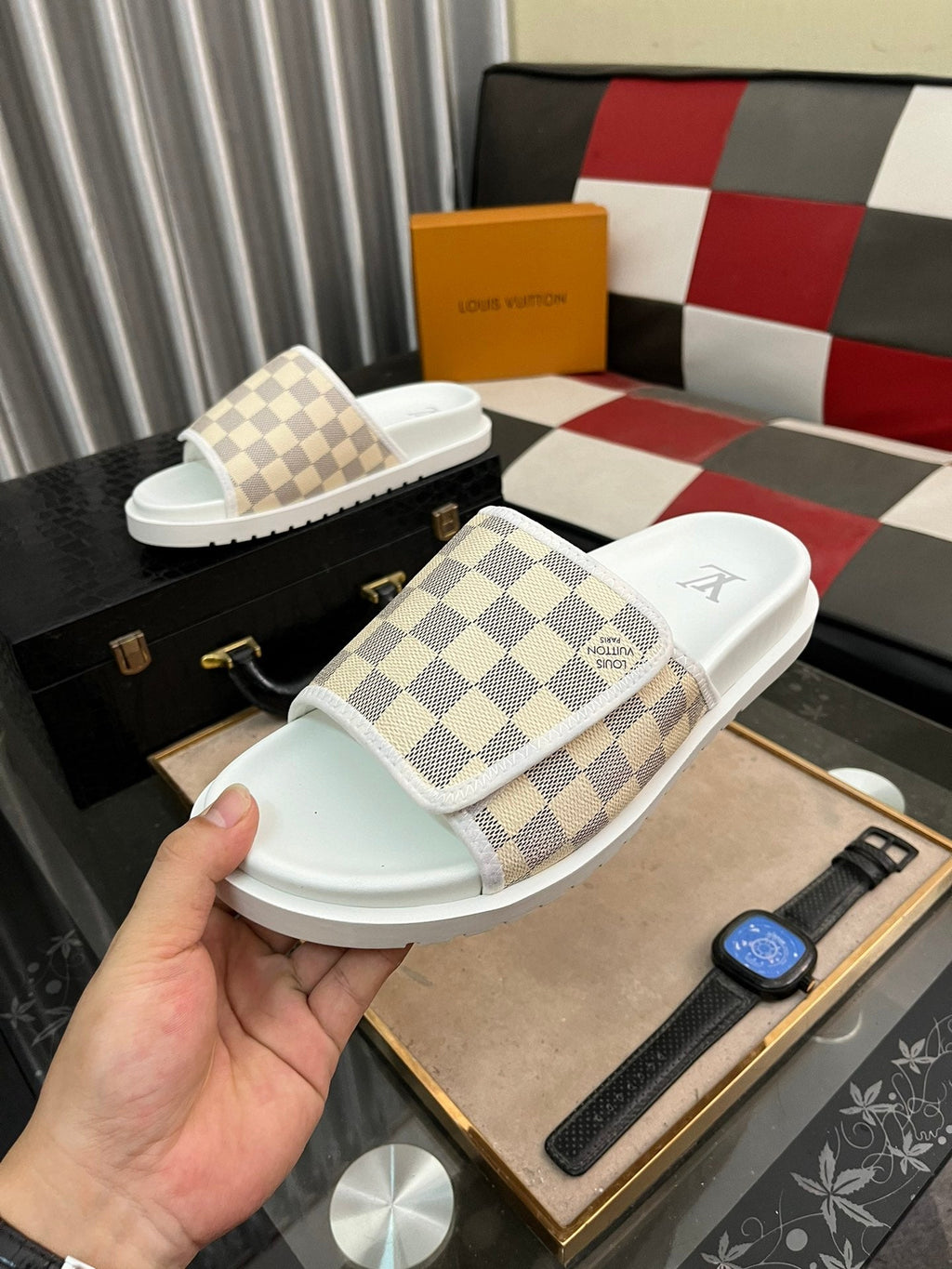 MIAMI MULE IN BEIGE CREAM DAMIER JACQUARD