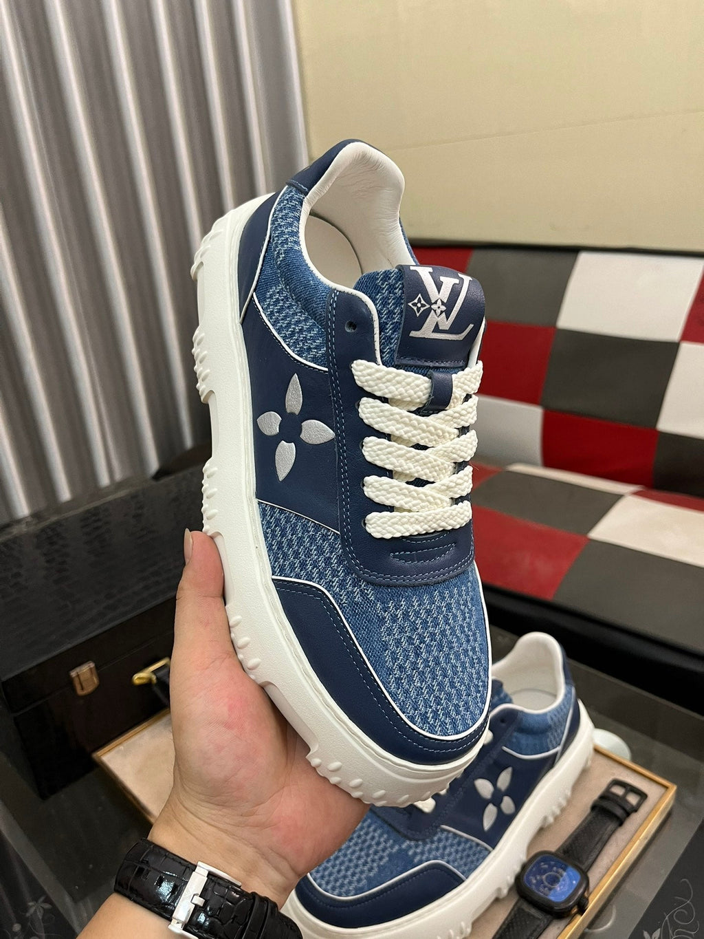 LV SNEAKER IN NAVY BLUE MONOGRAM CALFSKIN AND DENIM