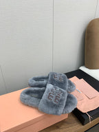 Miu Slippers Gray With Brown Lettering Pure Wool