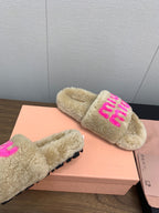 Miu slippers Light Brown With Pink Lettering Pure Wool