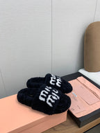 Miu slippers Black With White Text Pure Wool