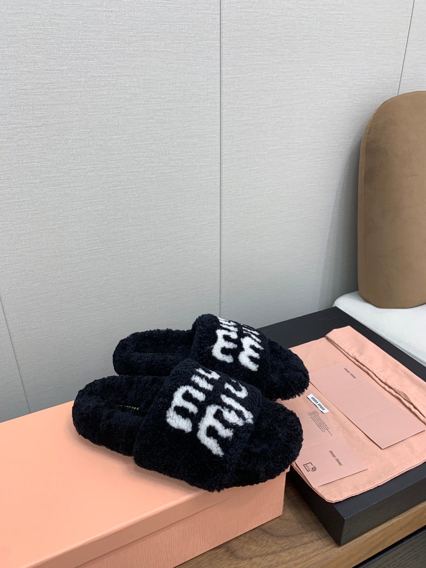 Miu slippers Black With White Text Pure Wool