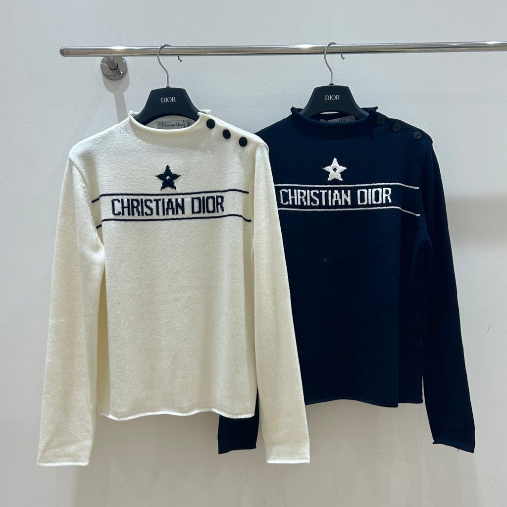 Dior 2025 Knit Sweater With Shoulder Button White and Navy Blue Wool