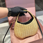 WANDER WICKER HOBO BAG 23 IN TAN BROWN HANDWOVEN WITH BLACK CALFSKIN LOGO