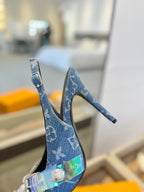 HIGH HEELS 95 MM IN CLASSIC BLUE MONOGRAM DENIM WITH CRYSTALS