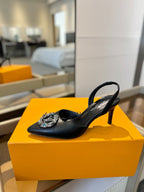 HIGH HEEL 75 MM SLINGBACK IN BLACK CALFSKIN WITH CRYSTAL