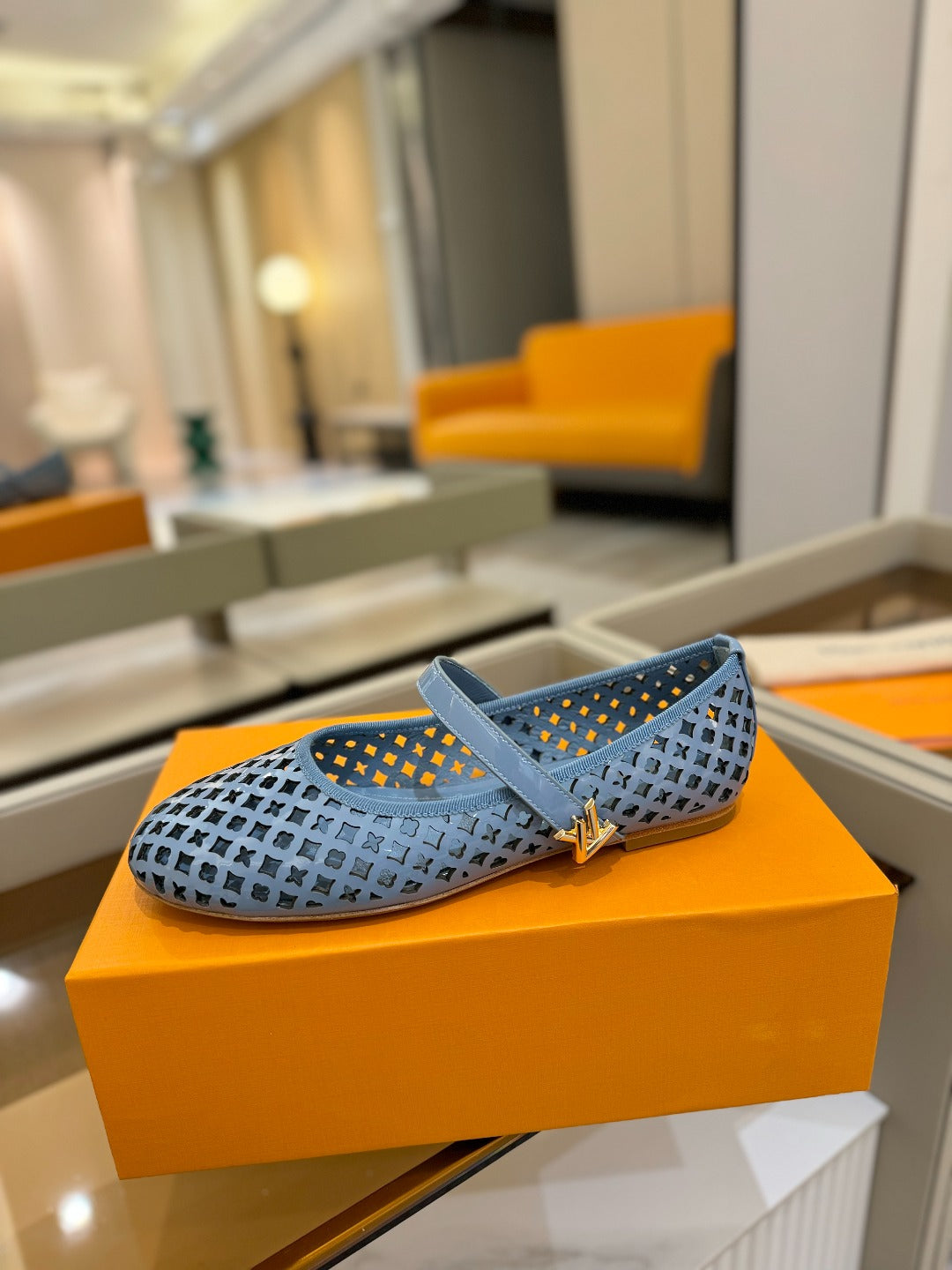 Romy Flat Ballerina Light Blue Perforated Patent Calf Leather 241229