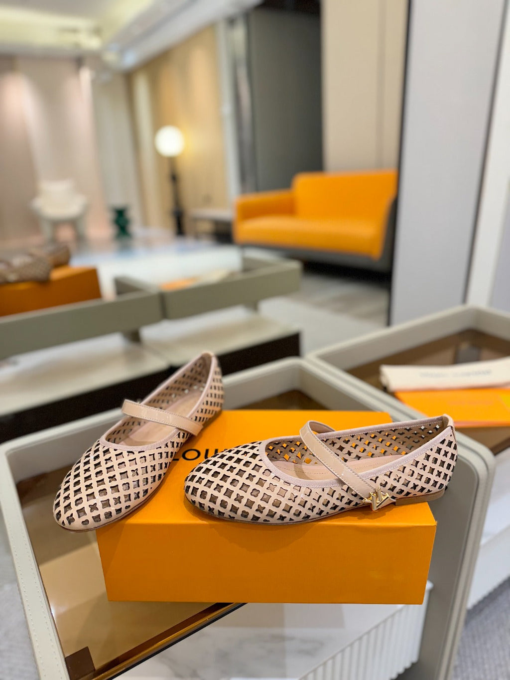 Romy Flat Ballerina Peach Perforated Patent Calf Leather 241230