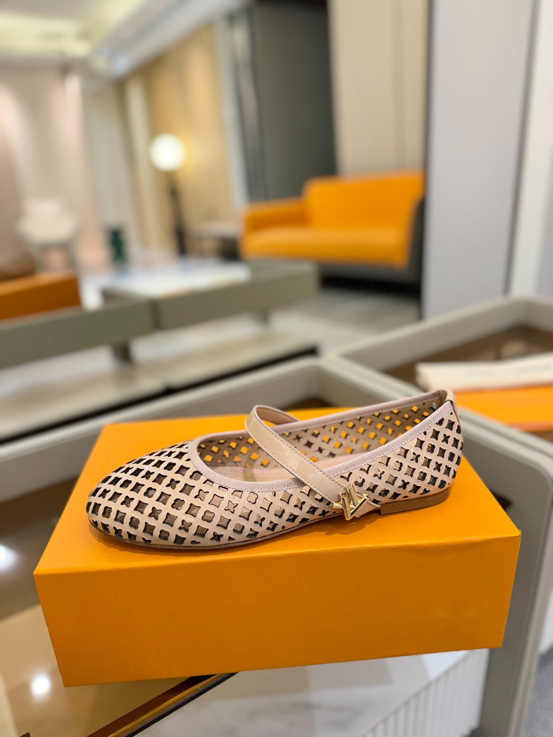 Romy Flat Ballerina Peach Perforated Patent Calf Leather 241230