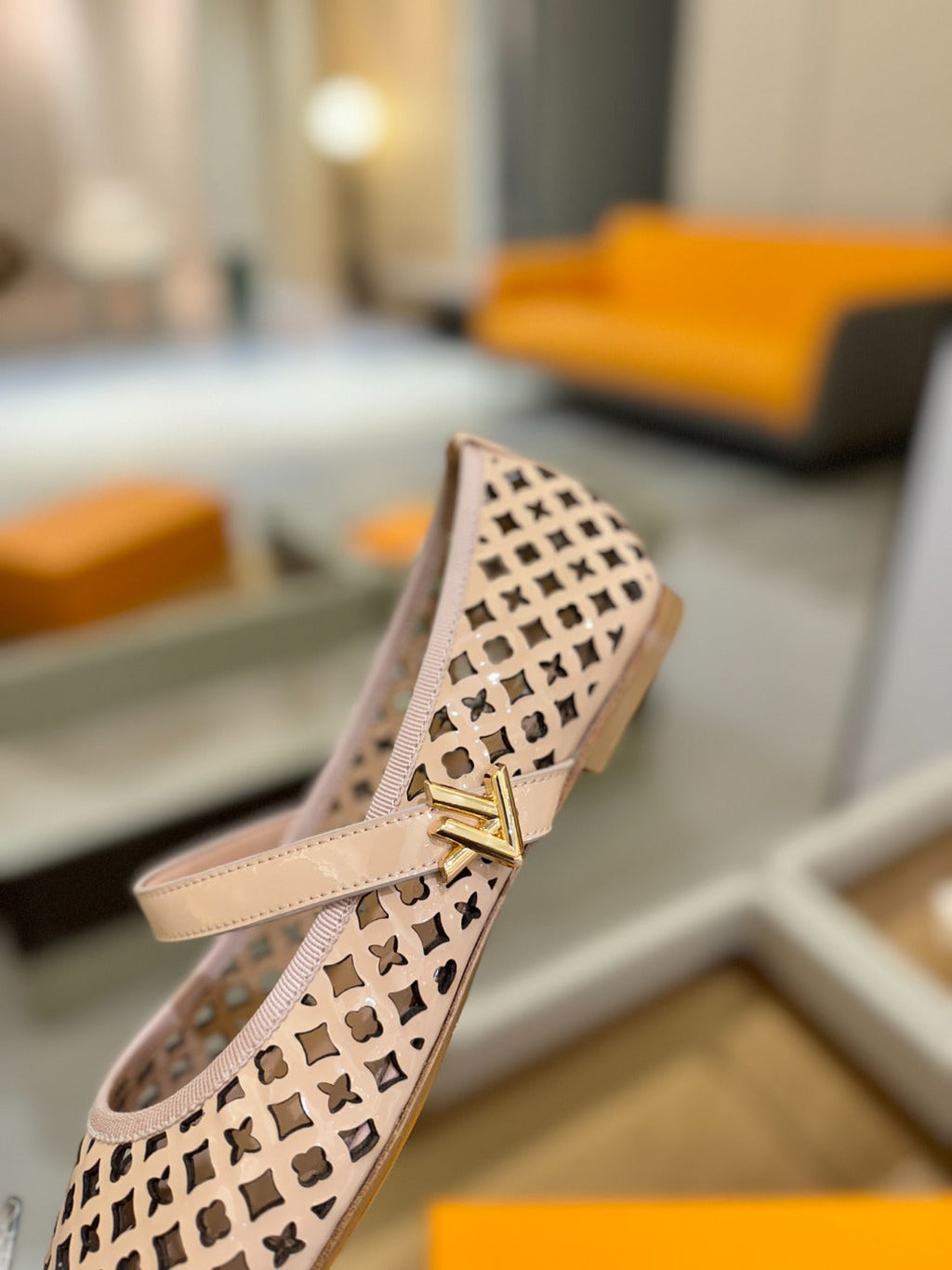 Romy Flat Ballerina Peach Perforated Patent Calf Leather 241230