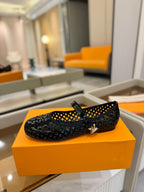 Romy Flat Ballerina Black Perforated Patent Calf Leather 241233