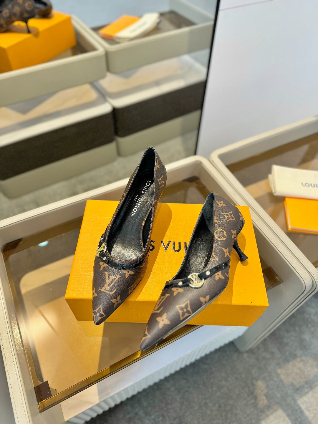 6AM 5.5cm Brown Monogram Canvas and Patent Leather Pumps 241203