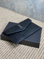 YSL 22s Uptown Pouch Clutch Bag Black Croc Embossed Leather Sliver HW