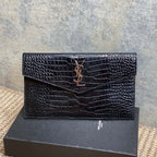 YSL 22s Uptown Pouch Clutch Bag Black Croc Embossed Leather Sliver HW