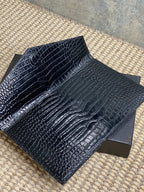 YSL 22s Uptown Pouch Clutch Bag Black Croc Embossed Leather Sliver HW