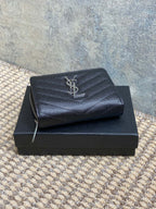 YSL Cassandre Matelassé Compact Zip-Around Wallet Black Caviar Cowhide Sliver HW