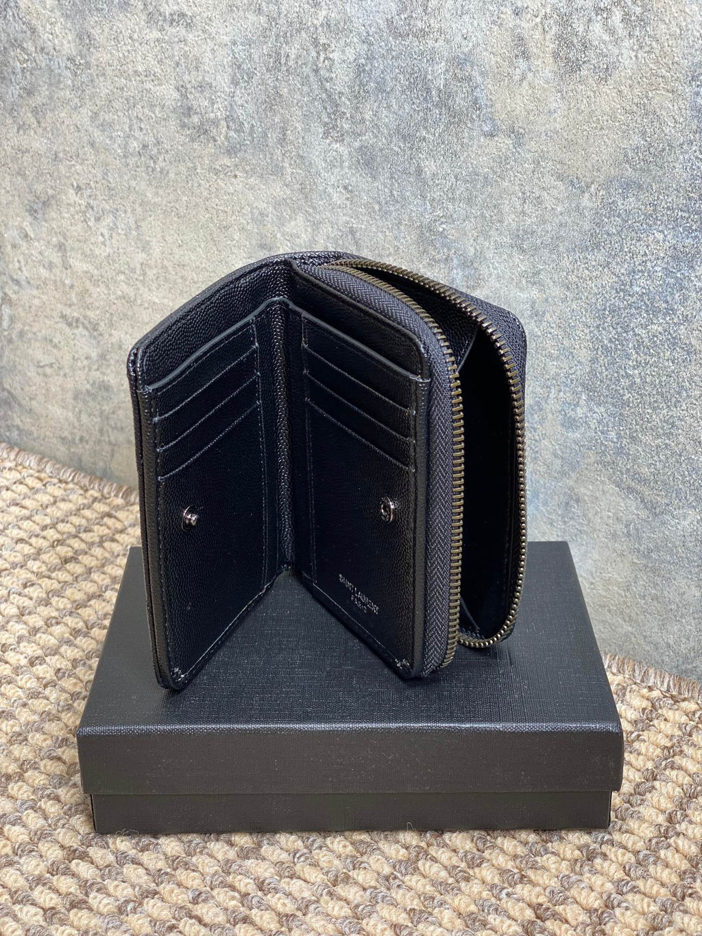 YSL Cassandre Matelassé Compact Zip-Around Wallet Full Black Caviar Cowhide
