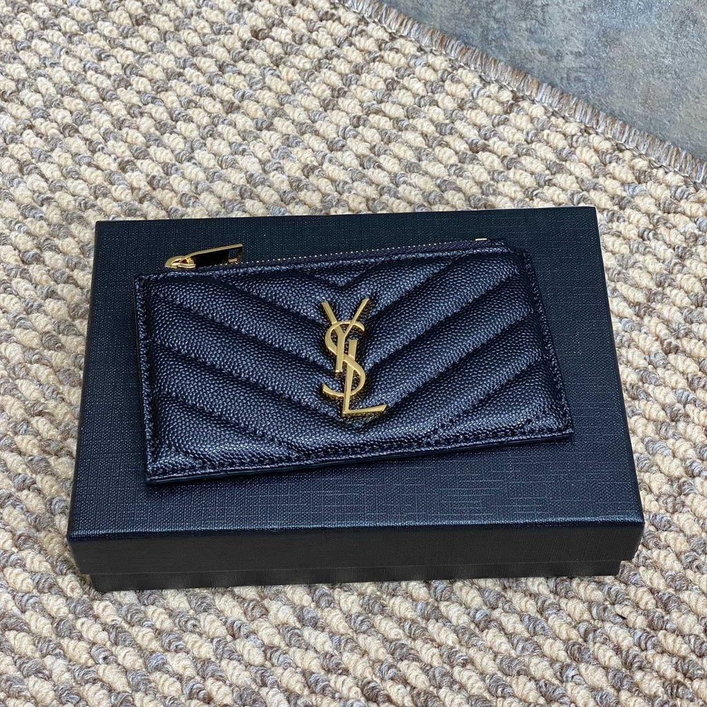 YSL Zip Coin Case With Card Black Caviar Cowhide GHW