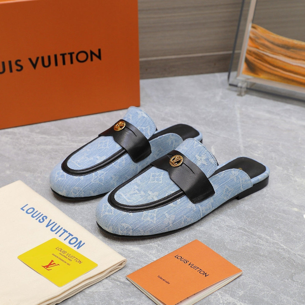 LV 26s Slippers Black Light Blue Monogram Denim 600813
