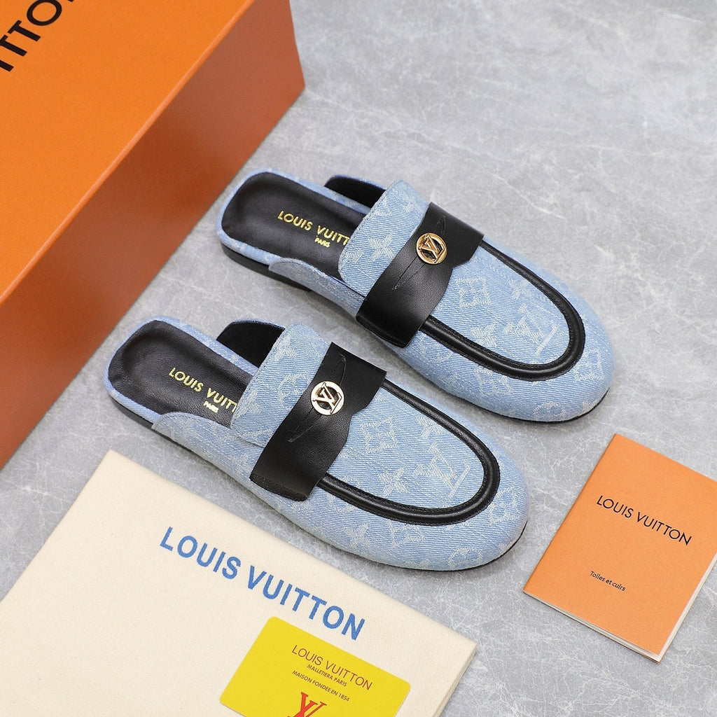 LV 26s Slippers Black Light Blue Monogram Denim 600813