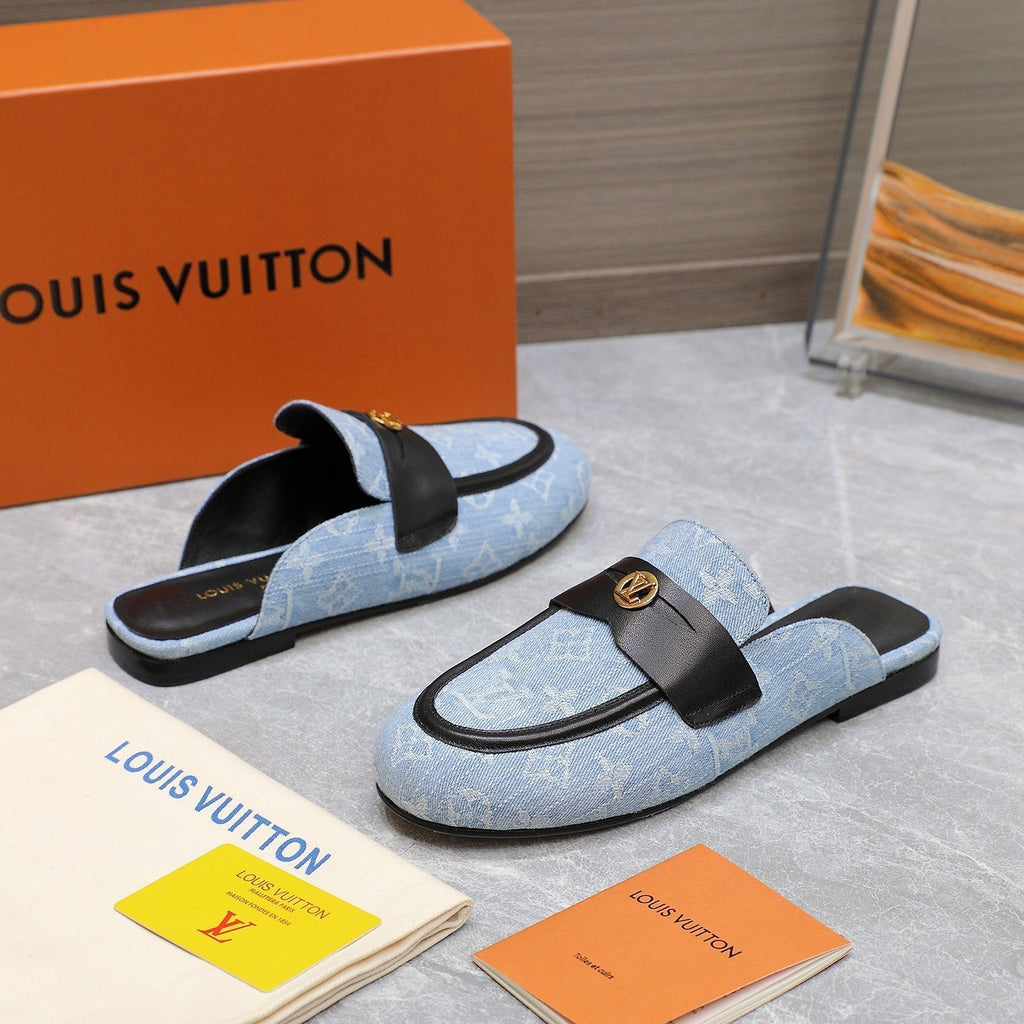 LV 26s Slippers Black Light Blue Monogram Denim 600813