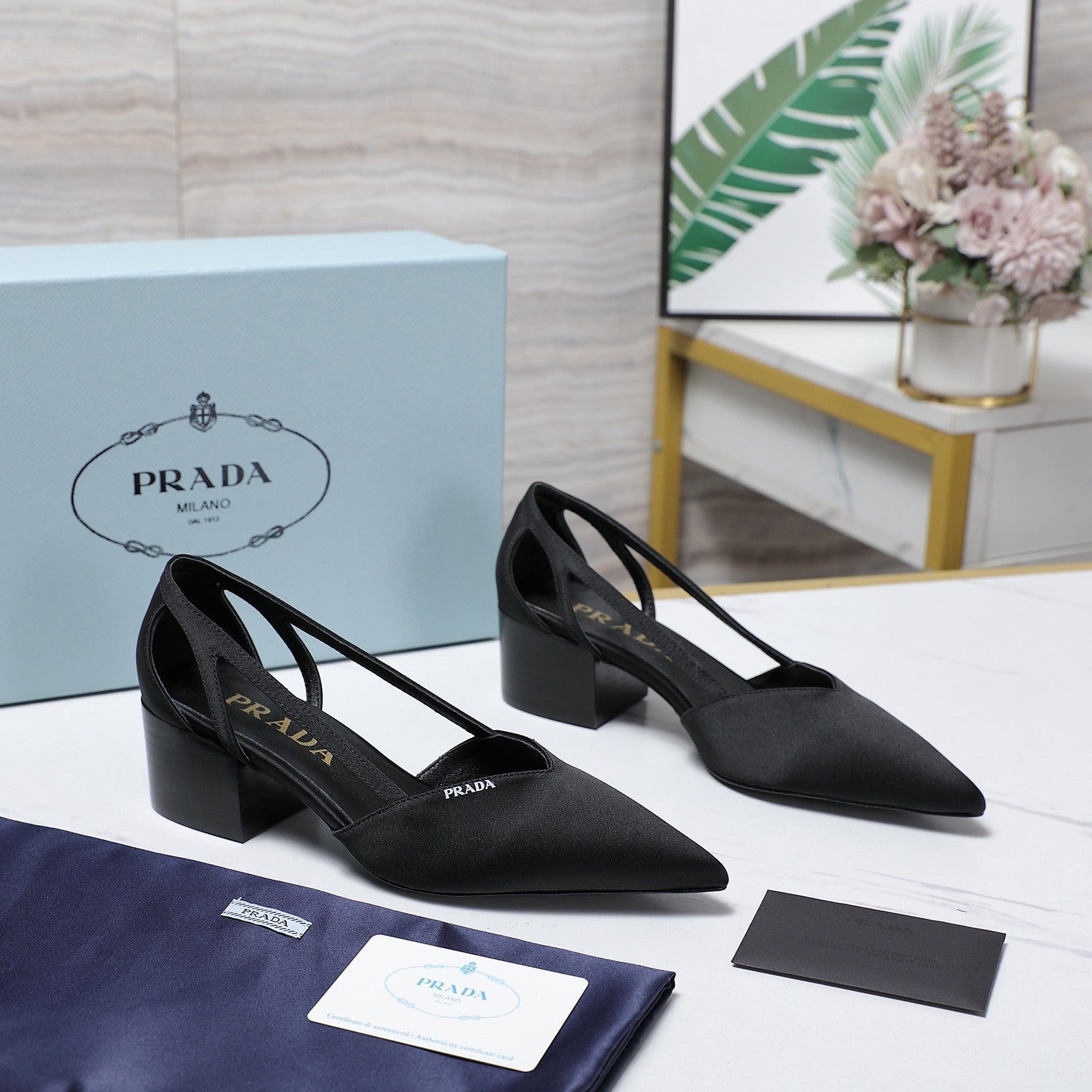 Prada Cutout Satin Pointy-Toe Pump 50mm Black Satin 456276