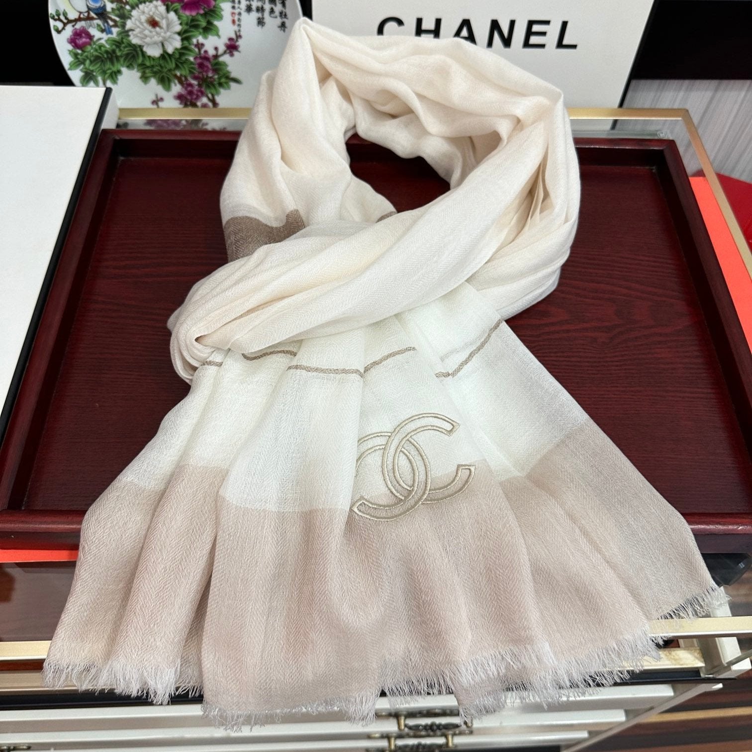 CC Scarf 200 CM In White Mix Light Brown Linen Fabric 423098