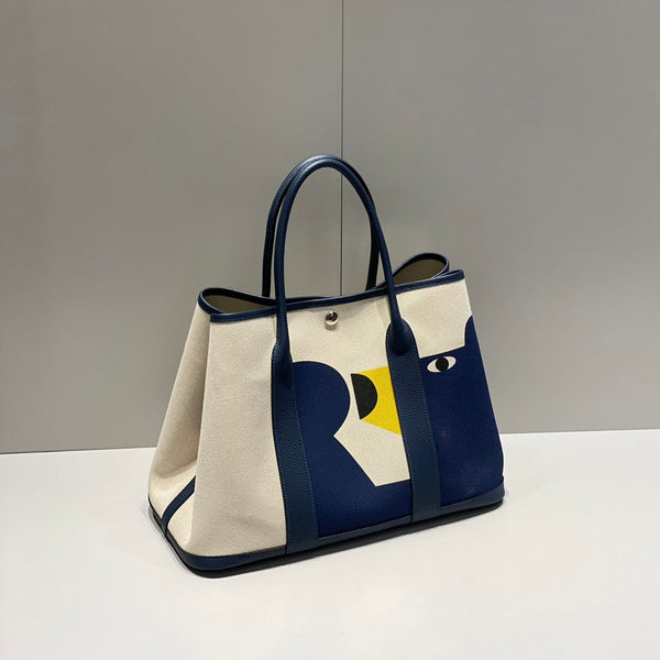 HM Garden Party 36 Beige mix Navy Blue Canvas and Negonda Calfskin 243391