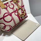 STEEPLE 28 BAG IN OFF-WHITE MIX PERSIAN PLUM RED CANVAS AND BROWN SWIFT LEATHER