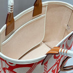 STEEPLE 28 BAG IN OFF-WHITE MIX LIGHT RED CANVAS AND BROWN SWIFT LEATHER
