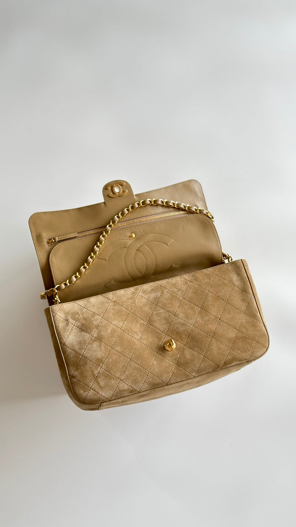 Chanel 2026 Maxi Flap Bag 32cm Beige Suede Calfskin