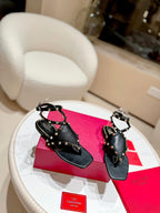 VT Flat-soled Rivet-back Hollow Sandals Black Cowhide