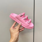 dad sandals pink triple strap lambskin mules