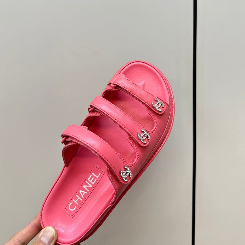 dad sandals dark pink triple strap lambskin mules