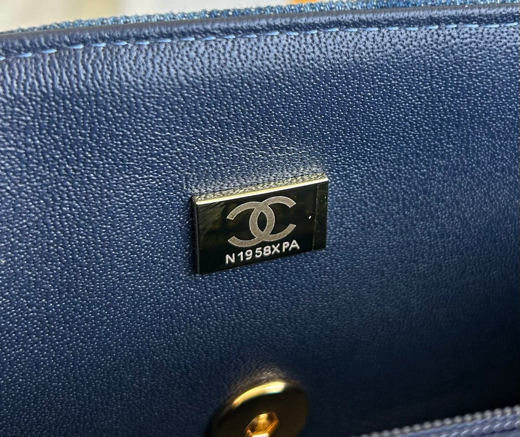 MINI FLAP BAG 20 IN CLASSIC BLUE DENIM GOLD HARDWARE