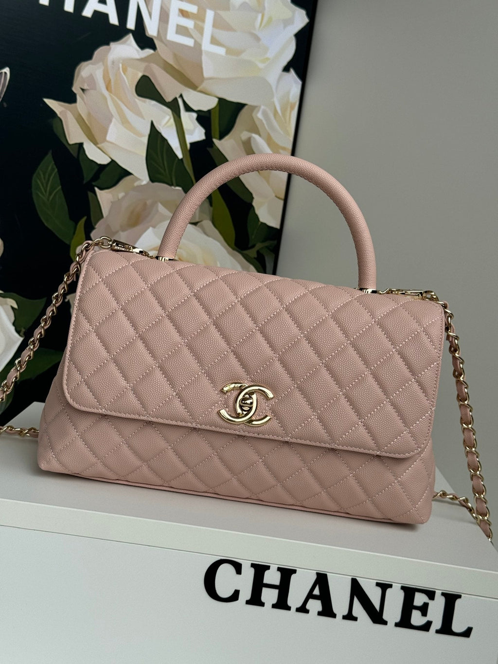 coco handle medium 29cm pink beige quilted caviar leather gold hardware