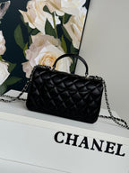 24c mini flap bag 20cm with top handle black calfskin silver hardware