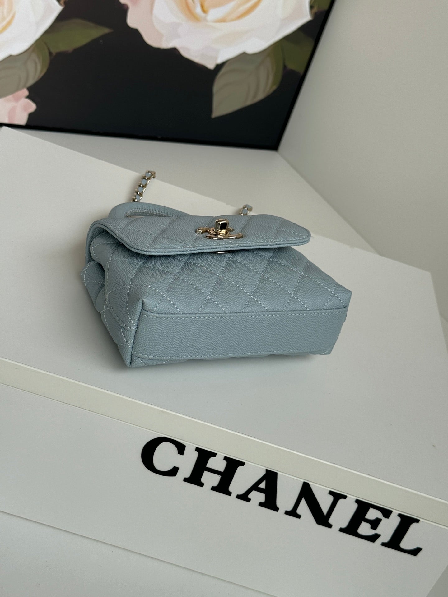 CC 24K Coco Handle Nano 14.5cm Cloud Blue Grained Calfskin Gold Hardware