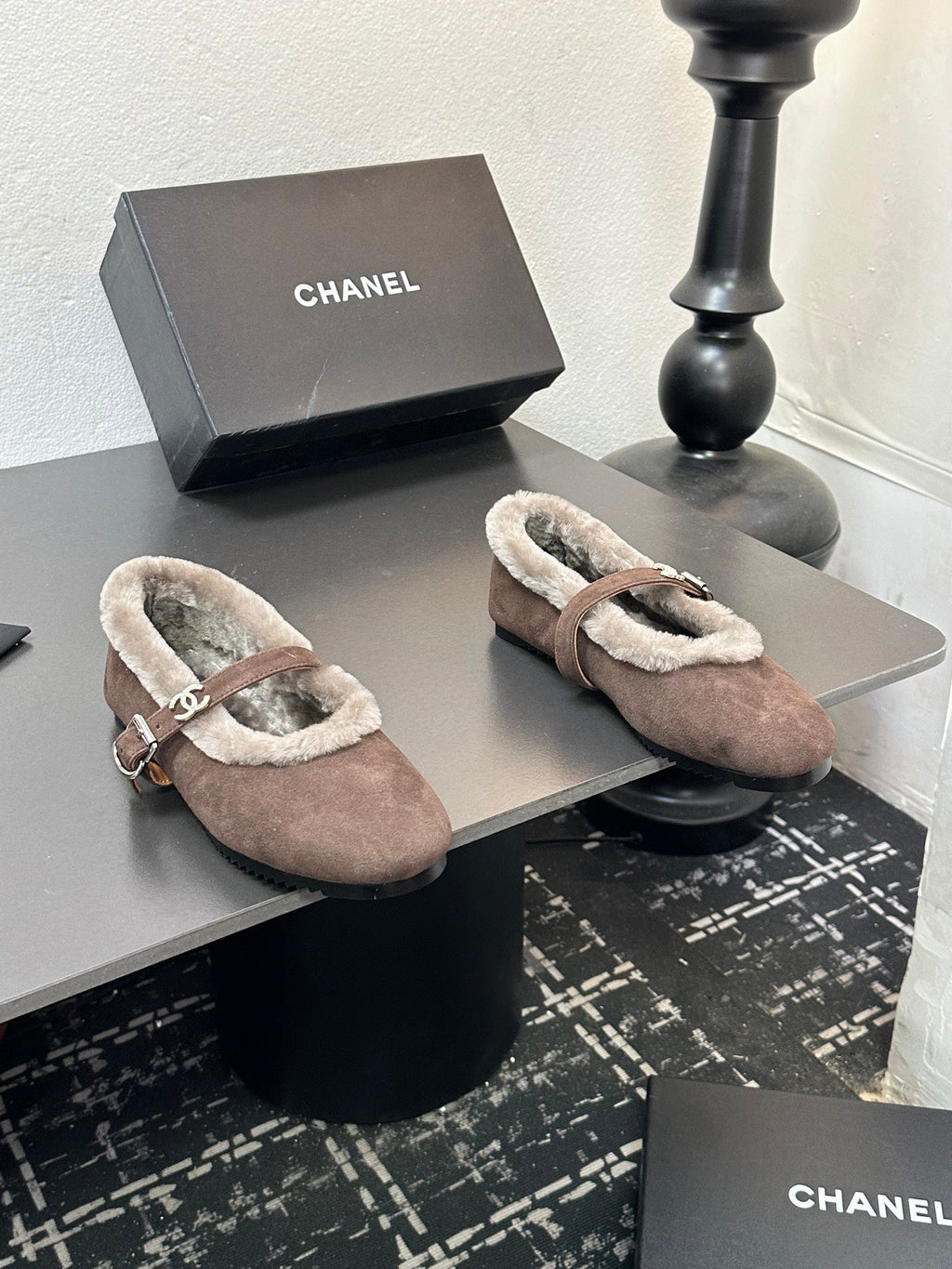 CC 2025 Puffer Ballet Flat With Strap Dark Coffee Sheepskin Fur 529345