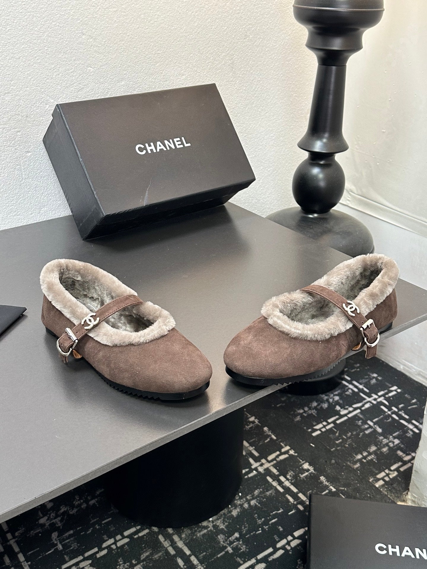 CC 2025 Puffer Ballet Flat With Strap Dark Coffee Sheepskin Fur 529345